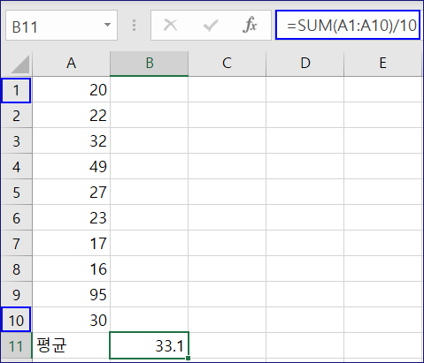 엑셀 평균 SUM 함수 나누기 셀 개수